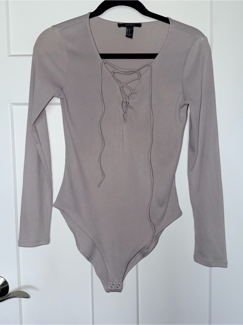 Gray Ribbed Lace Up Long Sleeve Bodysuit